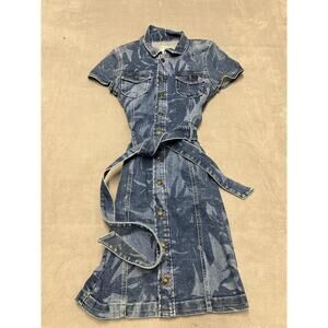 Guess Denim Shirt Dress Womens Medium Blue Belted Snap Button Leaf Print Pockets